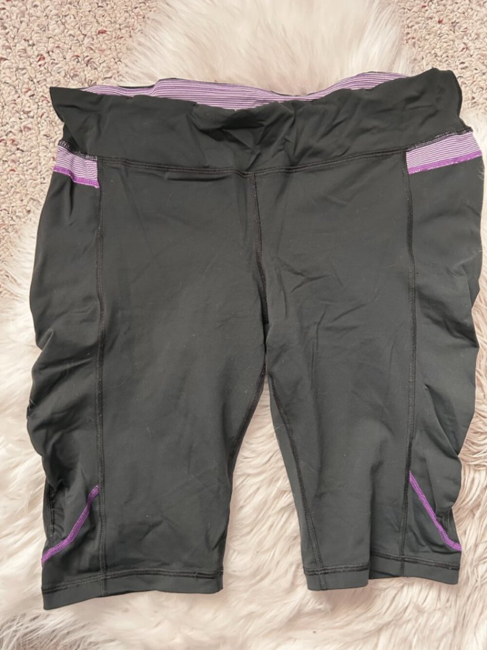 Lululemon Black Short Capris with Purple and White Striped Accents 12